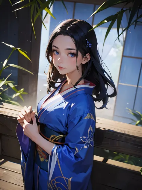 masterpiece, sexy showing lingerie(blue kimono), seductive face, good lighting, neckline, fine details, masterpiece, bright Eyes, 1 girl, black hair, bite, bamboo, Nezuko Kamado, wisteria background, masterpiece, Best Quality, point of view, whole body, Wi...