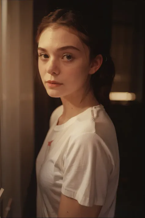 35mm, Fuji Superia 1600, ISO-1200, f/4, 0, 1/60, a night-time, dimly lit close-up portrait of ((((ell3fann1ng:0.85)))), wearing a white t-shirt, ((lora:Polaroid Type_600_B_1.1:0.5)), in a small town alley, casually looking at the camera.