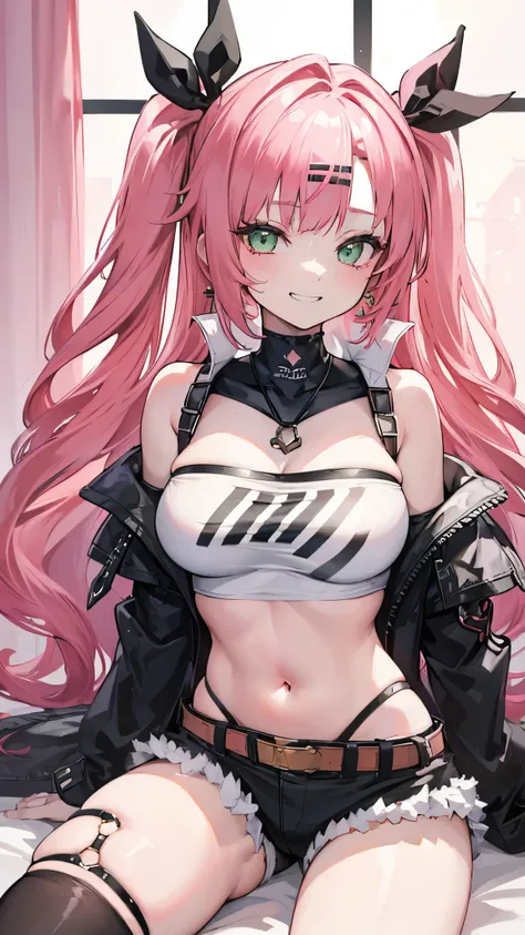 ((masterpiece、Highest quality、Very detailed))、One girl、Pink Hair、Long Hair、Two Side Up、light green eyes、evil smile、((Grin))、hair ribbon、hairclip、earrings、((Large Breasts))、Tube Top、belly button、thighhigh、short shorts、cropped jacket、belt、thigh strap、Cowboy ...
