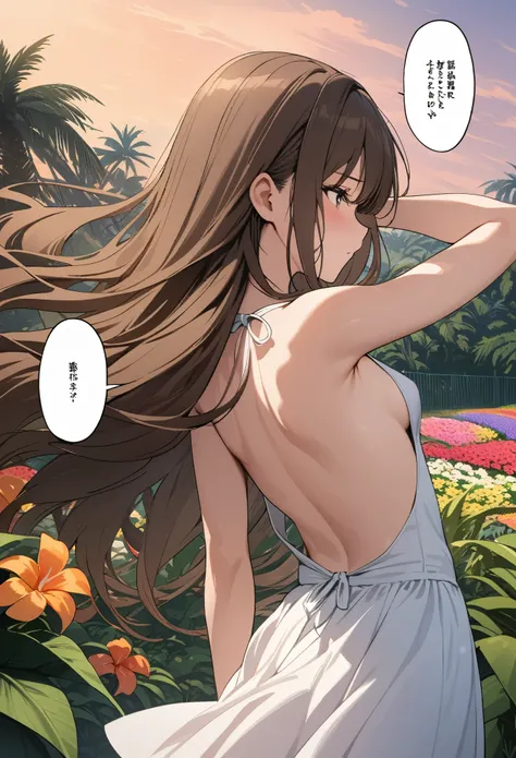 masterpiece, best quality, ultra detailed, comic strip, speech bubble, 1girl, solo, upper body, very long brown hair, waist length hair, long hair, (small breasts:1.5), toned arms, floral backless sundress, exposed back, dusk, field of colorful flowers, tr...