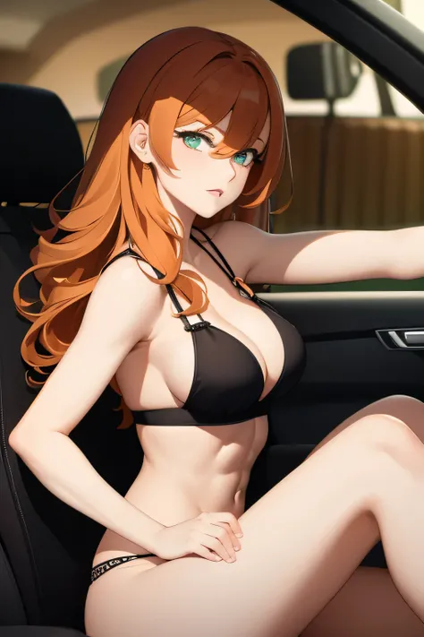 Woman with a rough and beautiful face, wavy orange hair, slender figure, wearing black lingerie, sitting in a latest model car. She has light green eyes. strong body. marked abs