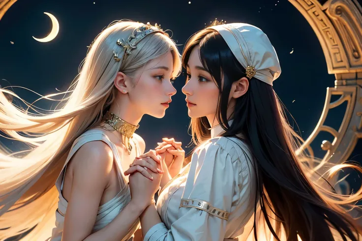 ((Two beautiful women hold hands and look at each other))、22 years old、ancient greek scene 、(Detailed depiction of a beautiful face)、Well-formed eyes and nose、Smiling Kindly、Classic hairstyles、Beautiful appearance、Detailed Description、(Ancient Greek Costum...