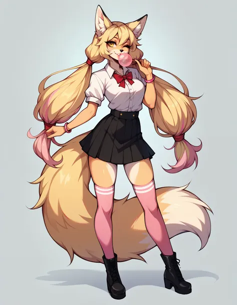 solo, score_9,score_8_up,score_7_up, kimiko, anthro, anthro furry blonde fox girl, blonde fur, long blonde hair, hair in pigtail...