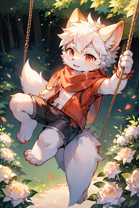 Pomeranian boy，Furry boys，Baby characteristics，Red pupil，White skin，White Arm，White hair，scarf，shorts，Forest Background，Flowers，Swing