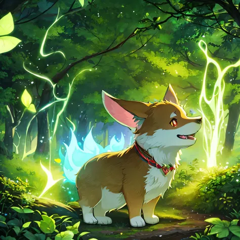 In the heart of an ancient, enchanted forest, a mystical corgi stands at the center of the scene, drawing all attention as it uses its magic to make vibrant plants and flowers bloom around it. The corgi, adorned with a small cloak, has softly glowing eyes ...