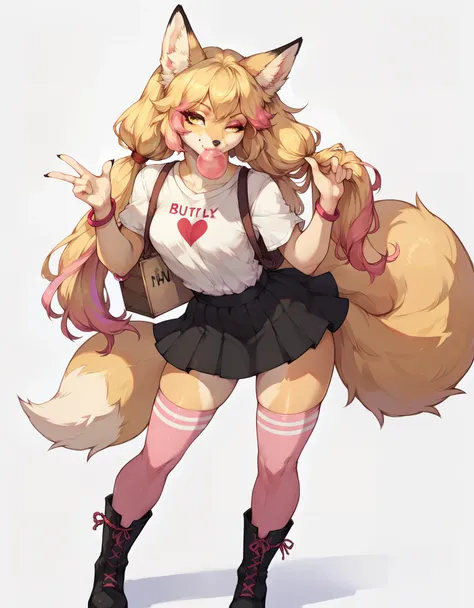 solo, score_9,score_8_up,score_7_up, kimiko, anthro, anthro furry blonde fox girl, blonde fur, long blonde hair, hair in pigtail...