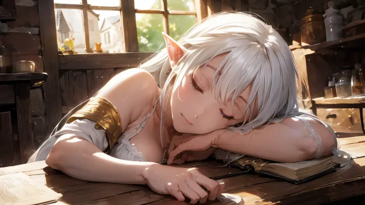 medieval inn scene room with an cute and sexy white body skin and long white hair elf girl sleeping closed eyes. She is feeling the gentle breeze as the sun shines through the medieval window.