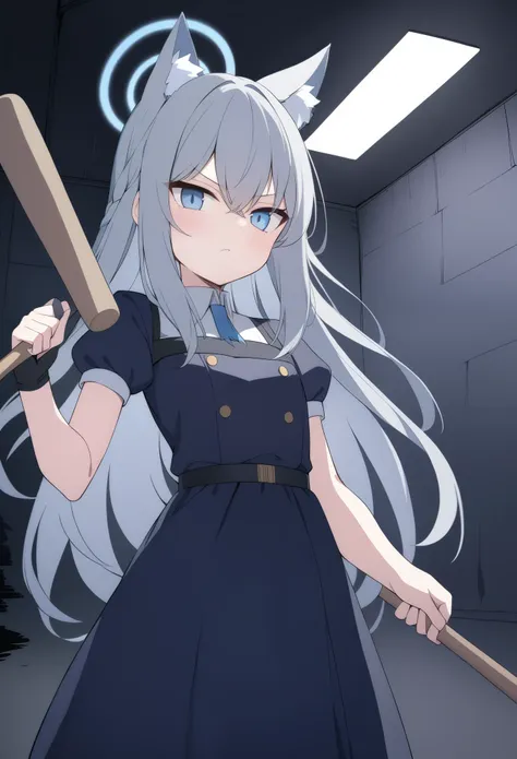 girl，silver long hair, blue eyes, blue halo，bad girl dress up，gray wolf ears，arrogant expression，with a baseball bat，in the dark...