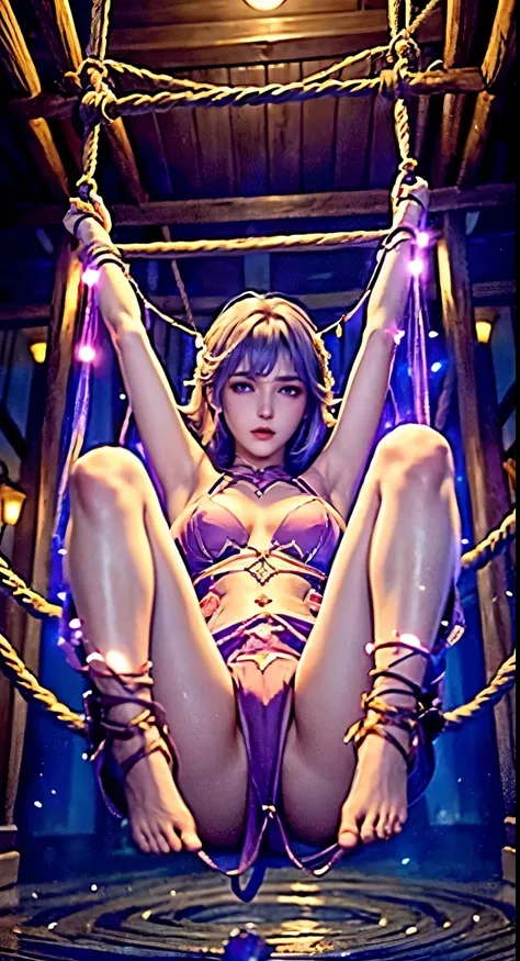 Super beautiful glowing eyes、Girl hanging from the ceiling with her arms tied by a rough rope、perspiring、Ropes tied her body、a wet body、Rough rope that cuts into the crotch、A large amount of fluid flows out of the crotch、put one foot on a rough rope、tied u...