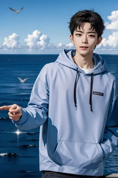 (absurdres, highres, ultra detailed), 1boy, handsome, very short hair, complex pattern, detailed face, best ratio four finger and one thumb, upper body, casual clothes, oversized hood, ocean background, many birds, blue sky full of extremely brilliant clou...