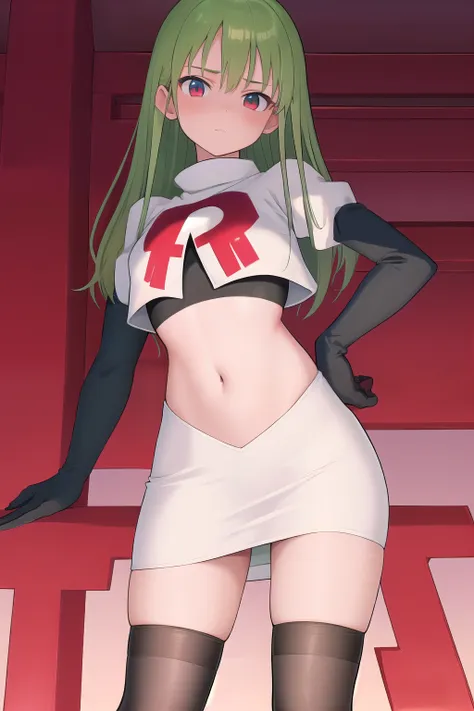 masterpiece, best quality, 1girl, solo, looking at viewer, blush, sitri, green hair,team rocket,team rocket uniform,white skirt,red letter R,crop top,black thigh-highs,black elbow gloves