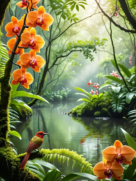 (best quality,4k,8k,highres,masterpiece:1.2),ultra-detailed,(realistic,photorealistic,photo-realistic:1.37),serene landscape,picturesque "A tranquil forest scene bathed in soft, natural light. The setting features lush green foliage with hints of morning m...