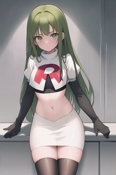 masterpiece, best quality, 1girl, solo, looking at viewer, blush, sitri, green eyes,green hair,team rocket,team rocket uniform,w...