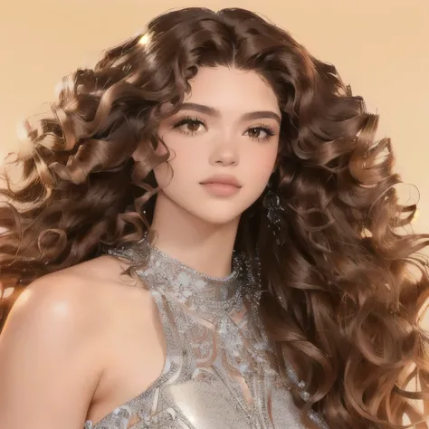 a close up of a woman with long curly hair wearing a silver dress, curly middle part haircut, with long curly hair, long curly hair intricate, long curly brown hair, medium - long curly brown hair, long brown puffy curly hair, curly brown hair, curly coppe...