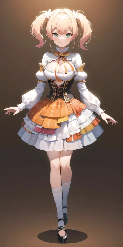 2D, masterpiece, Highest quality, anime, Highly detailed face, Highly detailed eyes, whole body, One girl, alone, Nene_formal, Double Bang, Both sides up, corset, Cleavage cutout, Orange Skirt, Layered skirt, Multicolored ribbons, White socks, Dynamic pose...