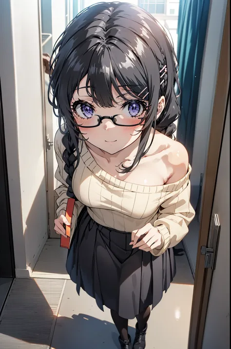 maisakurajima, mai sakurajima, Long braids, bangs, (Black Hair:1.5), hair ornaments, (Purple eyes:1.1), Hair Clip, rabbit hair ornaments,smile,blush,Glasses,One-shoulder sweater,Long skirt,Black pantyhose,short boots,Daytime,Clear skies,Walking,whole bodyが...