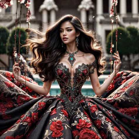 (Extreme HDR) (brightness FX) Photo of an asian woman gigantic Breast white skin with long hair flowing in the wind, wearing a black batik patterned costume, a V-cut strapless corset style batik dress made of carbon patterned satin, a very narrow and stiff...