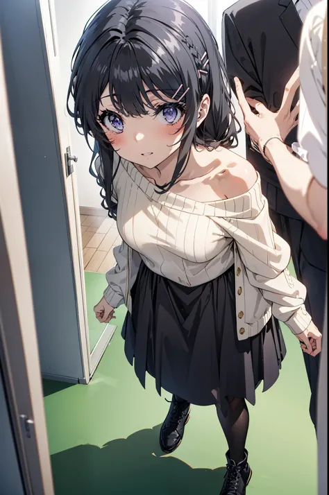 maisakurajima, mai sakurajima, Long braids, bangs, (Black Hair:1.5), hair ornaments, (Purple eyes:1.1), Hair Clip, rabbit hair ornaments,smile,blush,Glasses,One-shoulder sweater,Long skirt,Black pantyhose,short boots,Daytime,Clear skies,Walking,whole bodyが...