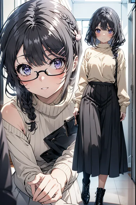 maisakurajima, mai sakurajima, Long braids, bangs, (Black Hair:1.5), hair ornaments, (Purple eyes:1.1), Hair Clip, rabbit hair ornaments,smile,blush,Glasses,One-shoulder sweater,Long skirt,Black pantyhose,short boots,Daytime,Clear skies,Walking,whole bodyが...