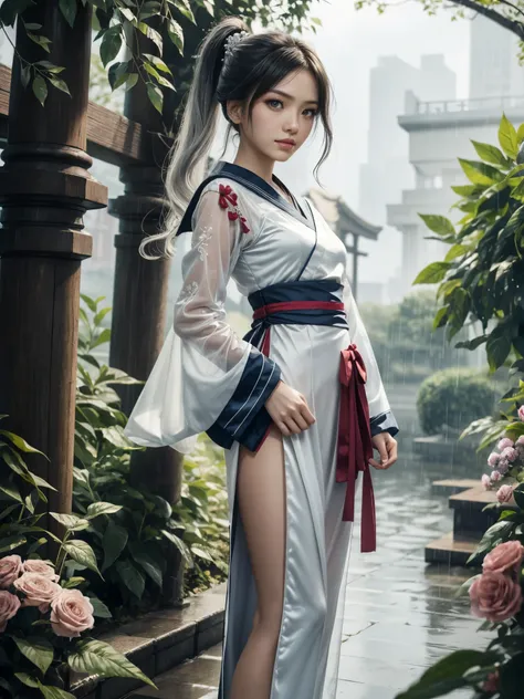 1girl, standing, (side cut long hanfu blouse with sailor collar, thigh, see-through ruffles sleeve:1.2), high ponytail, detailed...