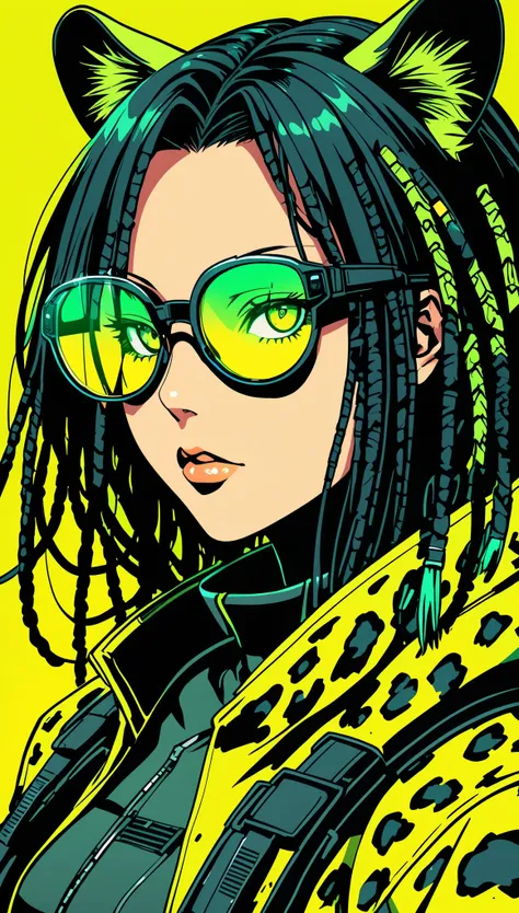 A beautiful cyberpunk girl with black hair in a lot of colored dreadlocks, big eyes flashing bright neon yellow-green, and sunglasses on her head, like Jittedo from the Cyberpunk Edge Warrior animated series. She held to her chest a large leopard with blac...