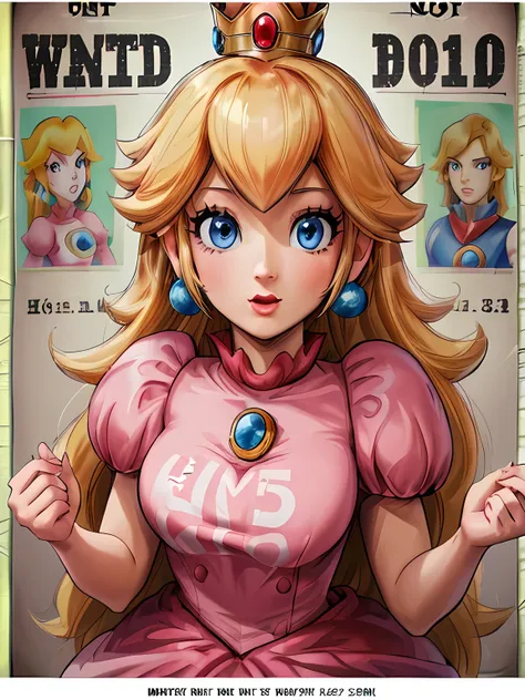 the wanted, (((wanted poster:1.37, "wanted" is written in large letters:1.37))), princess peach, ((close-up shot, slightly dark ...