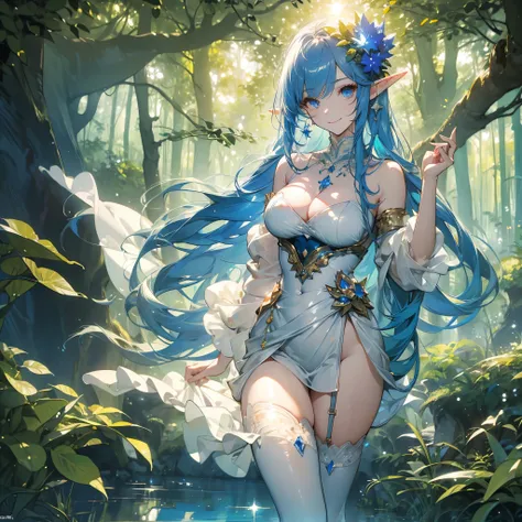 ((masterpiece， best quality))，Elf，Royal sister，forest，Sea of trees，Pure white background，Detailed face，Smile，whole body，Perfect body proportions，Glowing milky white eyes，sexly，Lush foliage and warm sunshine，Tattoo，extremely beautiful，transparent，High heel，...