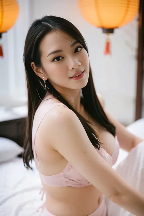 1 girl, clear face, big breasts, topless and pink underwear, in an ancient chinese hotel bedroom, at night. decorated with red c...