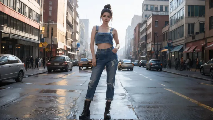 Sandu Art; Half-length portrait of beautiful woman in crop top and overalls winning award, Military boots, Standing on the street and smiling lightly,  Paint splash, Hair Bun, Splash, outrun, Virtual software,  The art of math, Popular on artstation, Very ...