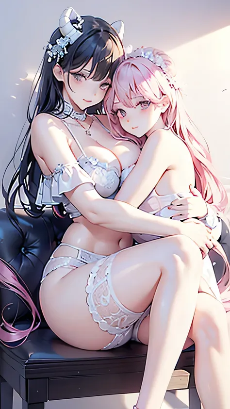 Two beauties hugging each other face to face，Big succubus with horns on her head and big cleavage，Long hair，Plump buttocks，Rich in layers，Big and firm breasts，Full, large，Pink Thin Lace Underwear，Pink Thin Lace Underwear，Brown-grey thin lace underwear，Foam...