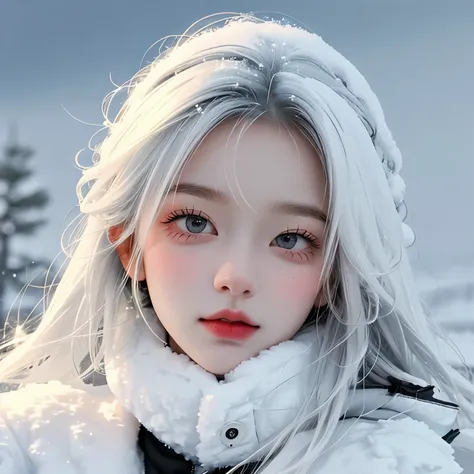 A snow girl, Wearing fulffy cold jacket, Beautiful face, looking facing on camera, A little hair covered the face, a snow storm, motion blur, monochromatic, low angle view,