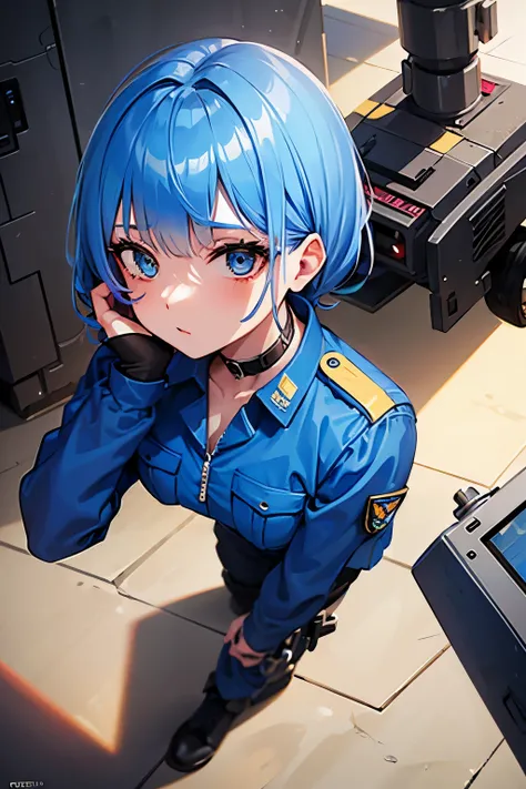 girl engineer, blue hair, tatoo on the face, in military uniform, with a robot on her back