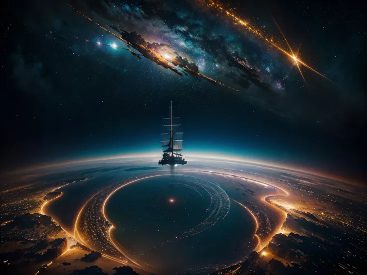 A luminously swirling celestial ship adorned in an array of vivid colors intertwined with golden accents, navigating through a sea of sparkling stars and galaxies in a majestic cosmic canvas. The main subject is a spaceship in a digital anime illustration....