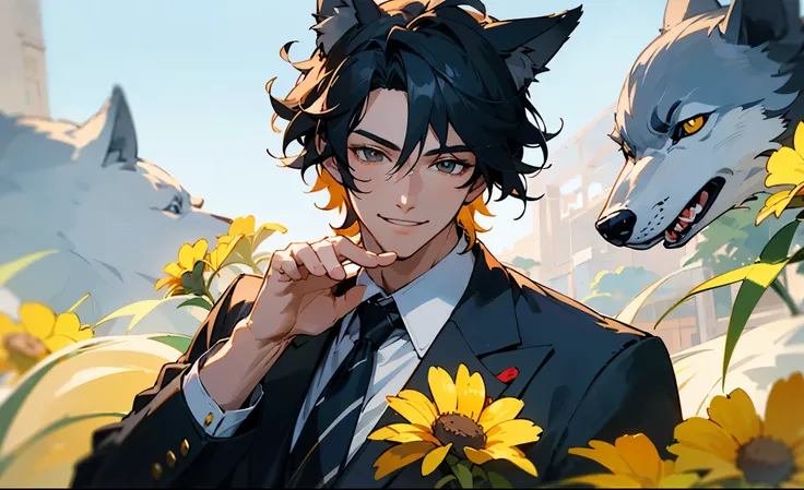 ((best quality)), ((masterpiece)), (detailed), Black Hair，There are wolf ears on the head，male，Gentle and handsome，Smiling face，out a hand，Inviting hand gestures，Wearing a suit，Sunny and cheerful，Upper body close-up，Sexy，The screen can show the whole chara...