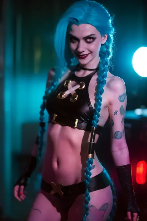 Side viewer. Hyper realistic super detailed Jinx cosplay , ((Young girl, 15 years old)), Very detailed, (hyper realistic: 1.4), in dynamic pose, (((psycho face, evil, creppy smiling))), twin braids, long hair, blue hair, red eyes, tattooed, ((skinny Body))...