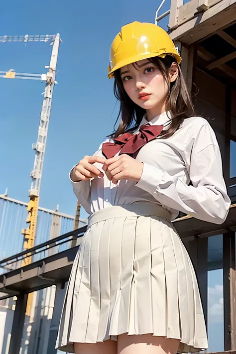 Masterpiece, bokeh, (Beautiful face), (Detailed face), (Japanese idle), (School uniform:1.3), (Pleated skirt:1.3), (Blushed face:1.3), (Plump breast:1.2), (Standing in Steel bridge of construction site:1.5), (Yellow helmet:1.3), (From below:1.5), (Perfect ...