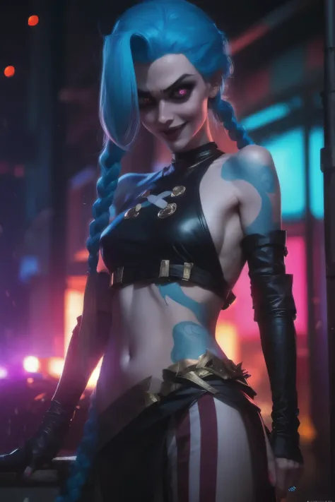 Hyper realistic super detailed Jinx cosplay , ((Young girl, 15 years old)), Very detailed, (hyper realistic: 1.4), in dynamic pose, (((psycho face, evil, creppy smiling))), twin braids, long hair, blue hair, red eyes, tattooed, ((skinny Body)), ((angry fac...