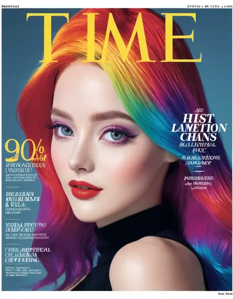 Magazine cover, esthetic, Magazin Vogue, (A girl with) vibrant colorful hair, Eye-catching pose, stylish clothes, confident smile, Dynamic background, (Haute Couture),(realisti),(studio lighting), (best quality,4K,highres), (portrait), (best quality, 8k,hi...