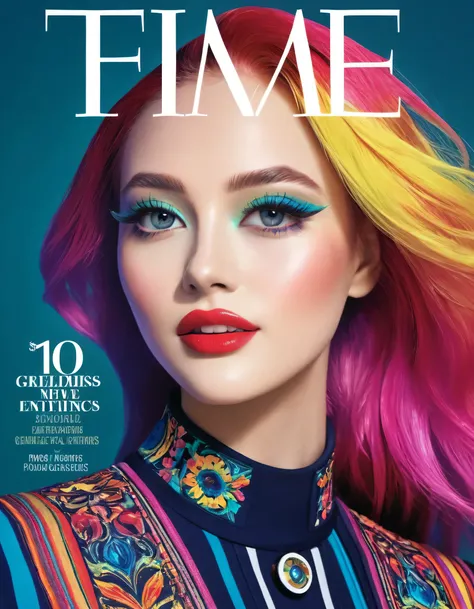 Magazine cover, esthetic, Magazin Vogue, (A girl with) vibrant colorful hair, Eye-catching pose, stylish clothes, confident smile, Dynamic background, (Haute Couture),(realisti),(studio lighting), (best quality,4K,highres), (portrait), (best quality, 8k,hi...