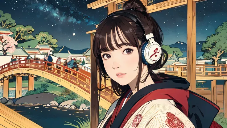 (Highest quality, 8k, masterpiece, High resolution), (whole body), Vibrant colors, Japanese style headphones, Brown-black bob, Traditional topknot, Ample breasts, (Highly detailed face and eyes, Beautiful Face, Beautiful Eyes, Beautiful nose, Pretty lips),...