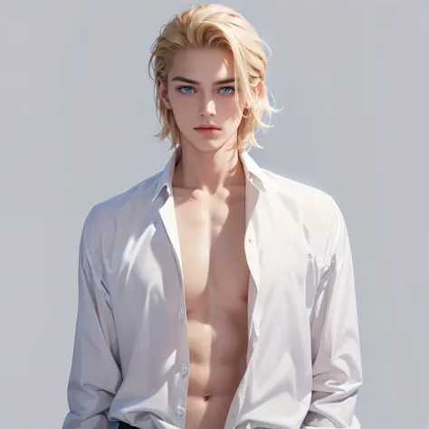 Short blonde shoulder-length hair , blue eyes, male, black background, High Detail，Slicked-back hairstyle，No bangs