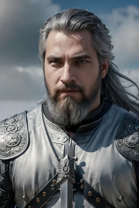 (masterpiece, top quality, best quality, official art, detailed:1.2),geraldoW3, solo, upper body, ponytail, weapon, grey hair, male focus, sword, armor, facial hair, holding sword, beard, realistic, chainmail, medallion