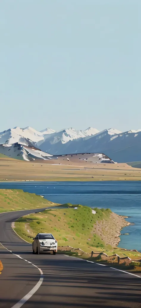 A car is driving on the road near the water, near lake baikal, film Silk Road landscape, Mongolia, Lake Baikal in the background, Vision, wide image, Wide landscape, Detailed scenery —width 672, Beautiful scenery, Mountains in the background, Stunning scen...