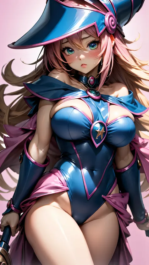 black magician girl、super chestousthick、by rubio、magic circle、8k, 4k, of the highest quality, High resolution: 1.2),flicker、an exposed breast、cute anime face、pink blush on the cheeks.、noise removal、Leotard that bites、have a cane、Hold your cane、