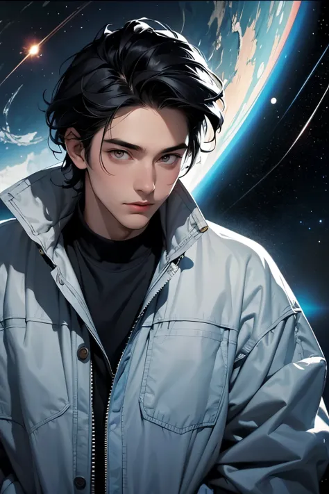 Outer space exists behind the man. beautiful man. 23 years old. Black hair. The man is wearing a jacket. The man is looking at the camera with a serious expression. Behind the man, a large space battleship can be seen sailing through space.