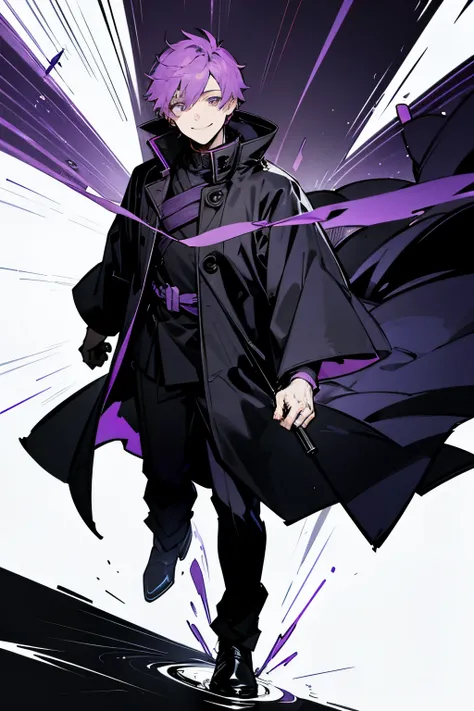 A man with short purple hair, big, smiling, warm, black raincoat.