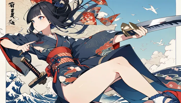 blue sky、Ukiyo-e、Ocean、Kimono dress,Black Hair、blunt bangs、Samurai、Japanese sword, face, Modern design, 1 female,Sexy concept, 