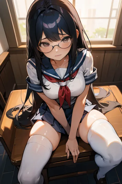 (1girl:1.3), Masterpiece, Best quality, amazing beauty, 4K, absurdres, finely detail, super detailed eye, perfect anatomy, official art, cinematic lighting, BREAK, school, silky long hair, parted bang, black hair, super shiny detailed brown eyes, watery ey...