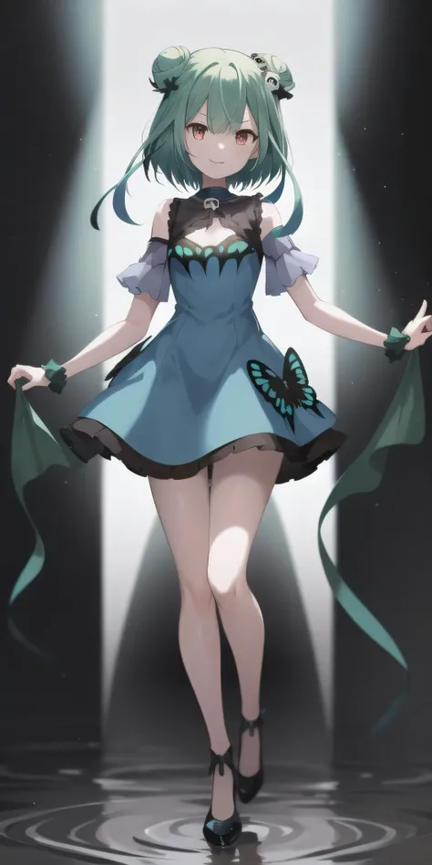 2D, masterpiece, Highest quality, anime, Highly detailed face, Highly detailed eyes, Highly detailed background, Perfect lighting, whole body, One girl, alone, Lucia_green, Green Hair, short hair, Double Bang, green dress, Short dress, skull hair ornament,...