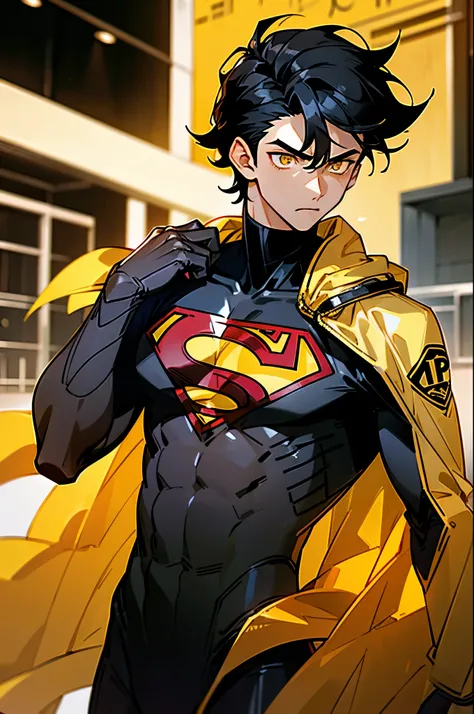 1male , Low taper fade , messy hair ,short hair, black Hair , golden Eyes , Lean ,teen male , black Body Suit , Serious Expression , Modern City Background , Yellow S symbol on chest, street level background, cowboy shot, upper body, superman shirt, arm, w...